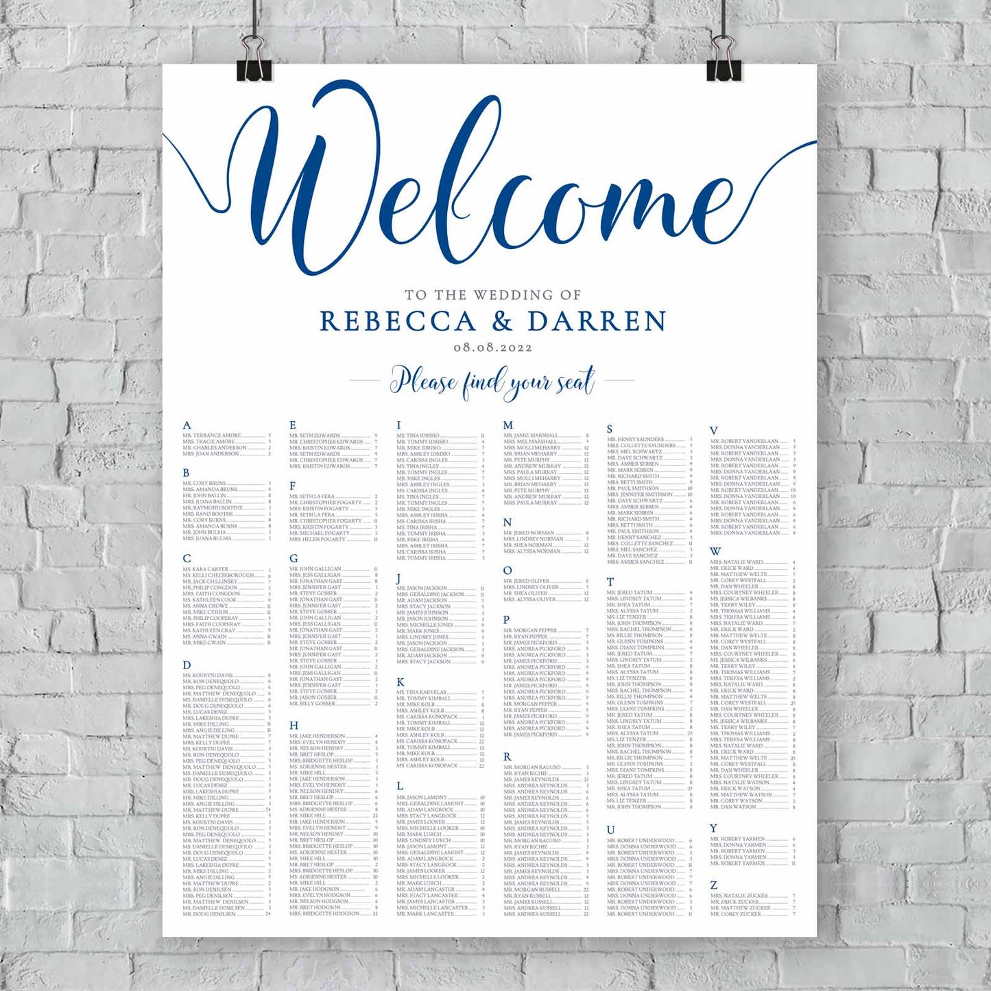 36x48 royal blue wedding seating chart template