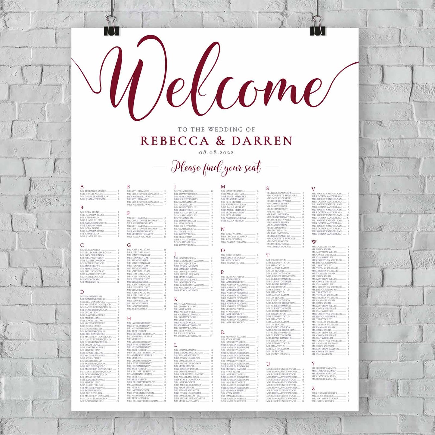 A0 burgundy wedding seating plan