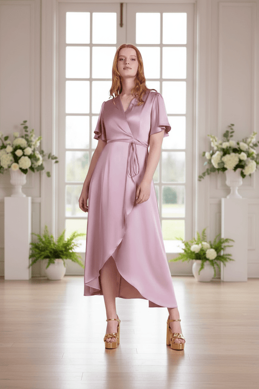 Bridesmaid in a rose pink dress standing in a bright room with large windows and floral arrangements.