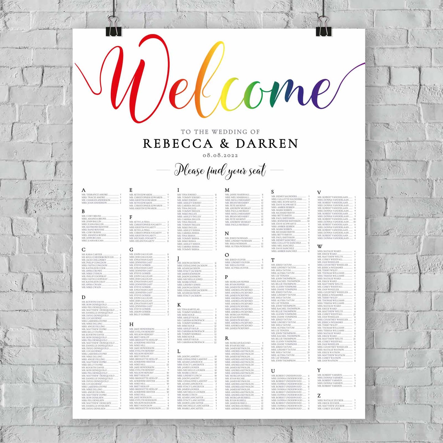 XL rainbow seating chart template