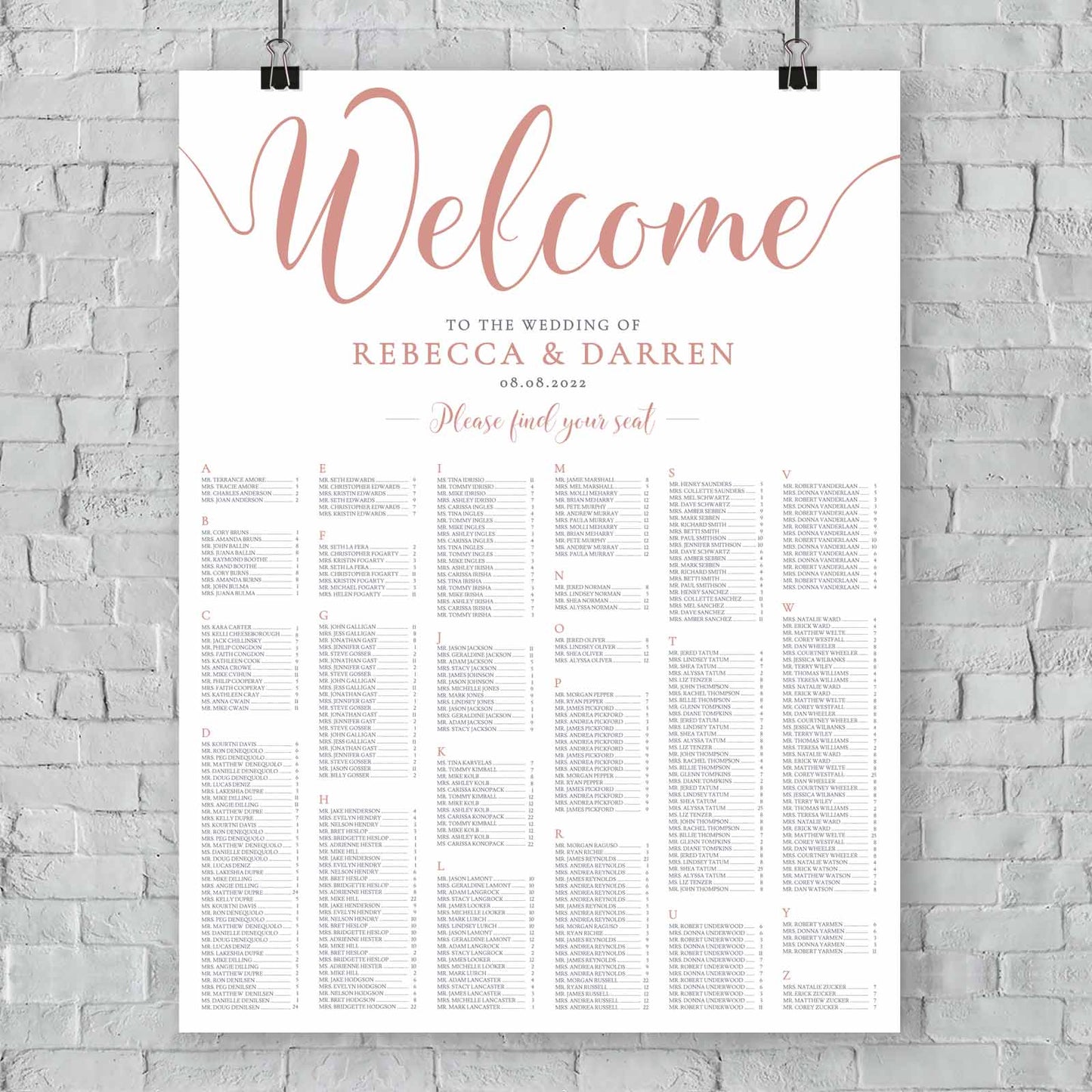 XL rose gold wedding seating chart