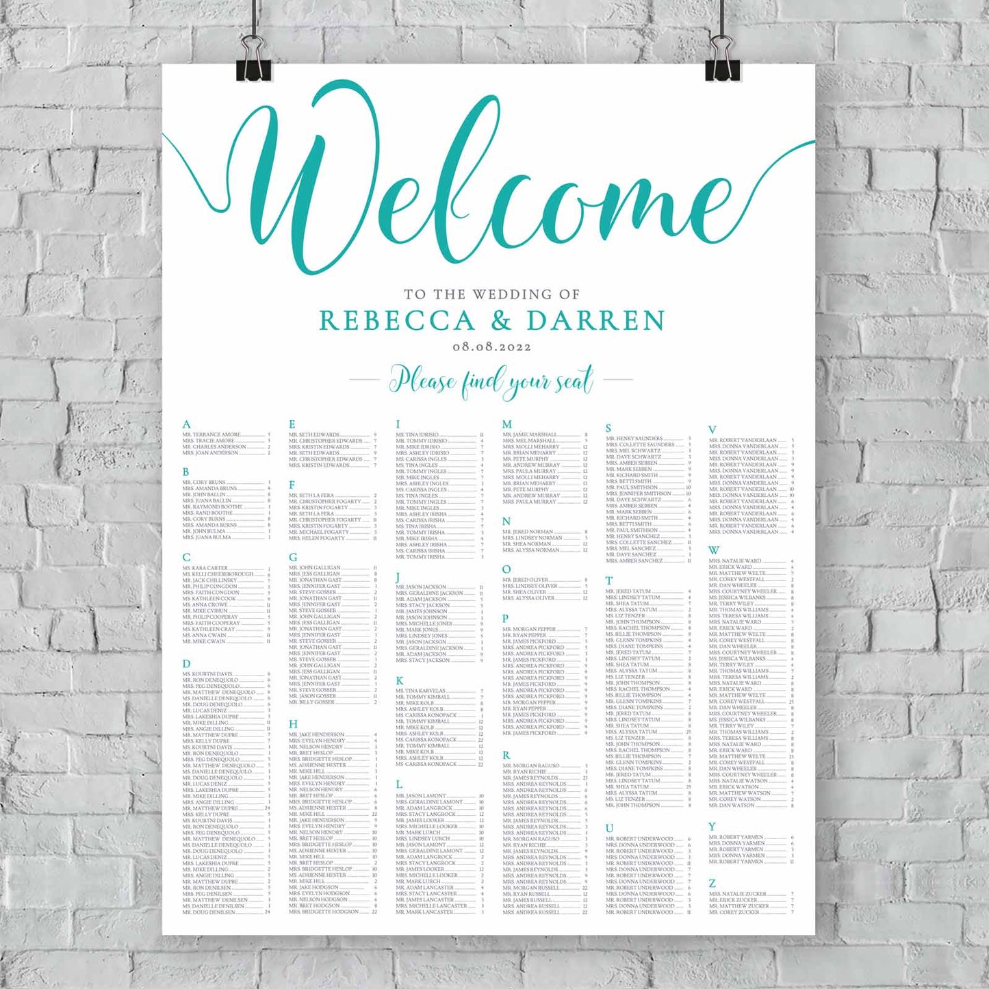 XL turquoise wedding seating plan template
