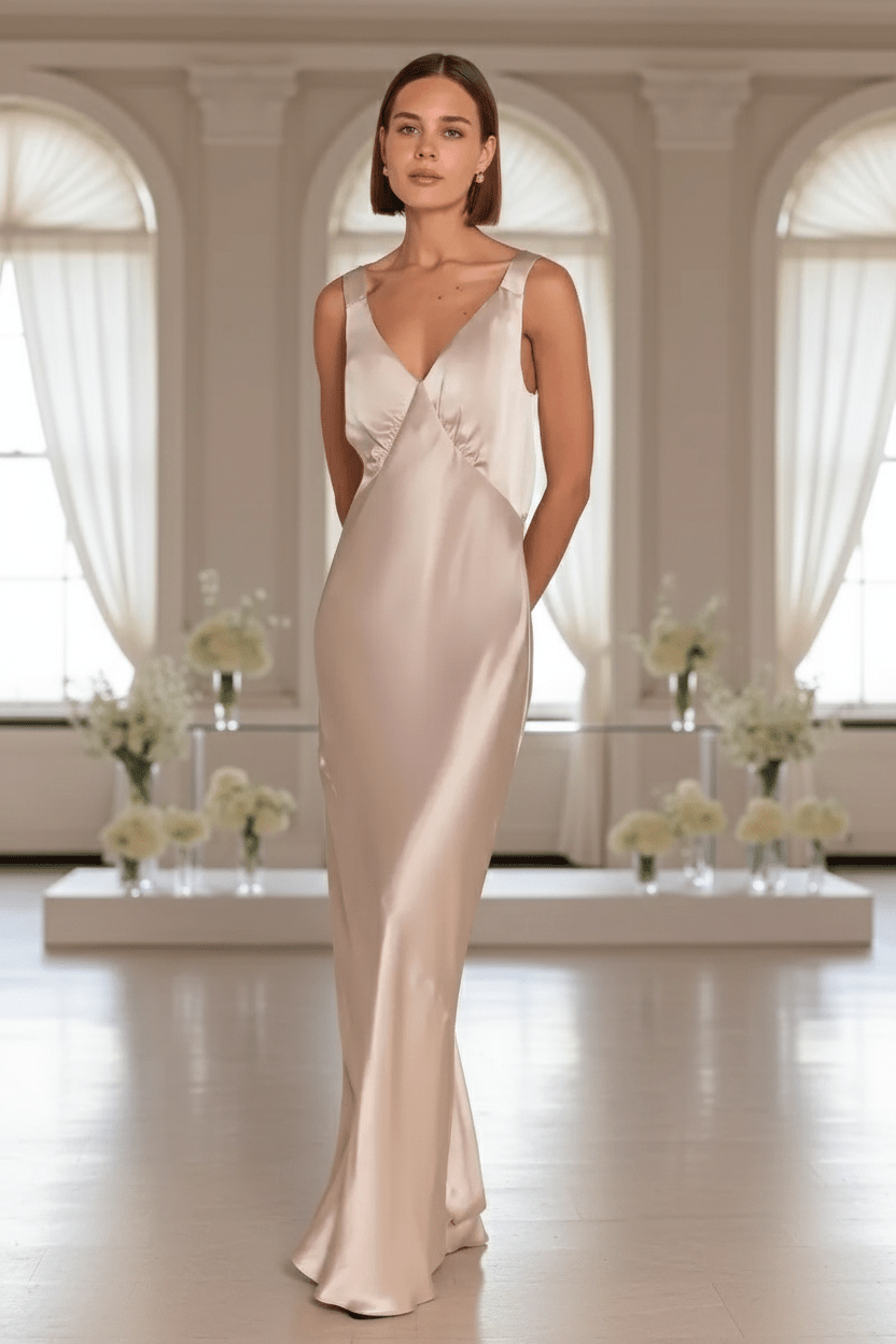 Bridesmaid in a champagne satin Bridesmaid gown standing in a room with large windows and floral arrangements.