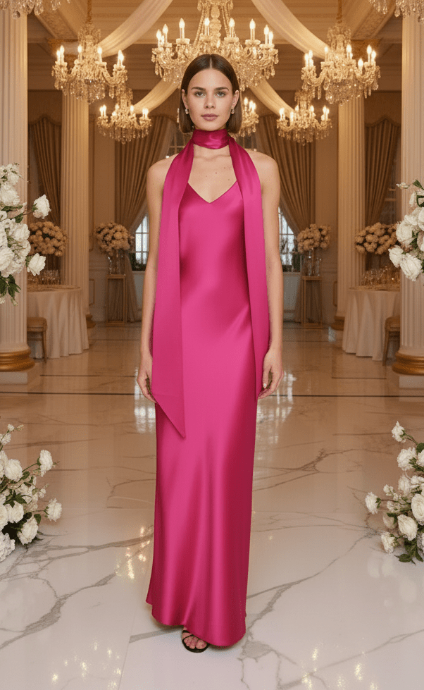 Woman in a pink dress standing in an elegant indoor setting with chandeliers and floral arrangements.