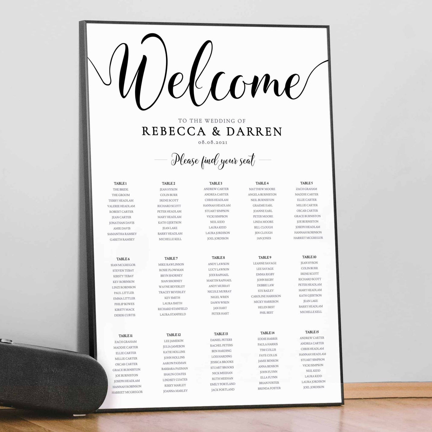 elegant seating chart framed 15 tables