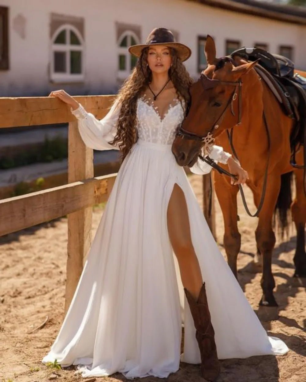 Front view of a country bride with a horse wearing Boho A-Line Side-Split Wedding Dress with Long Puff Sleeves