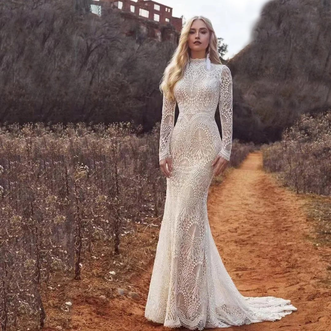 front view of bride wearing a white High Collar Long Sleeved Vintage Wedding Dress with Embroidered Lace
