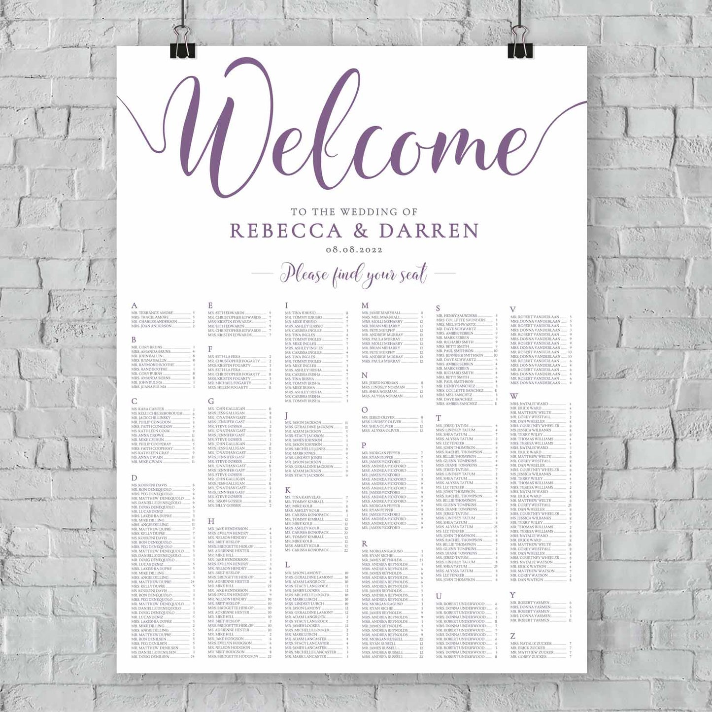 large purple seating chart template