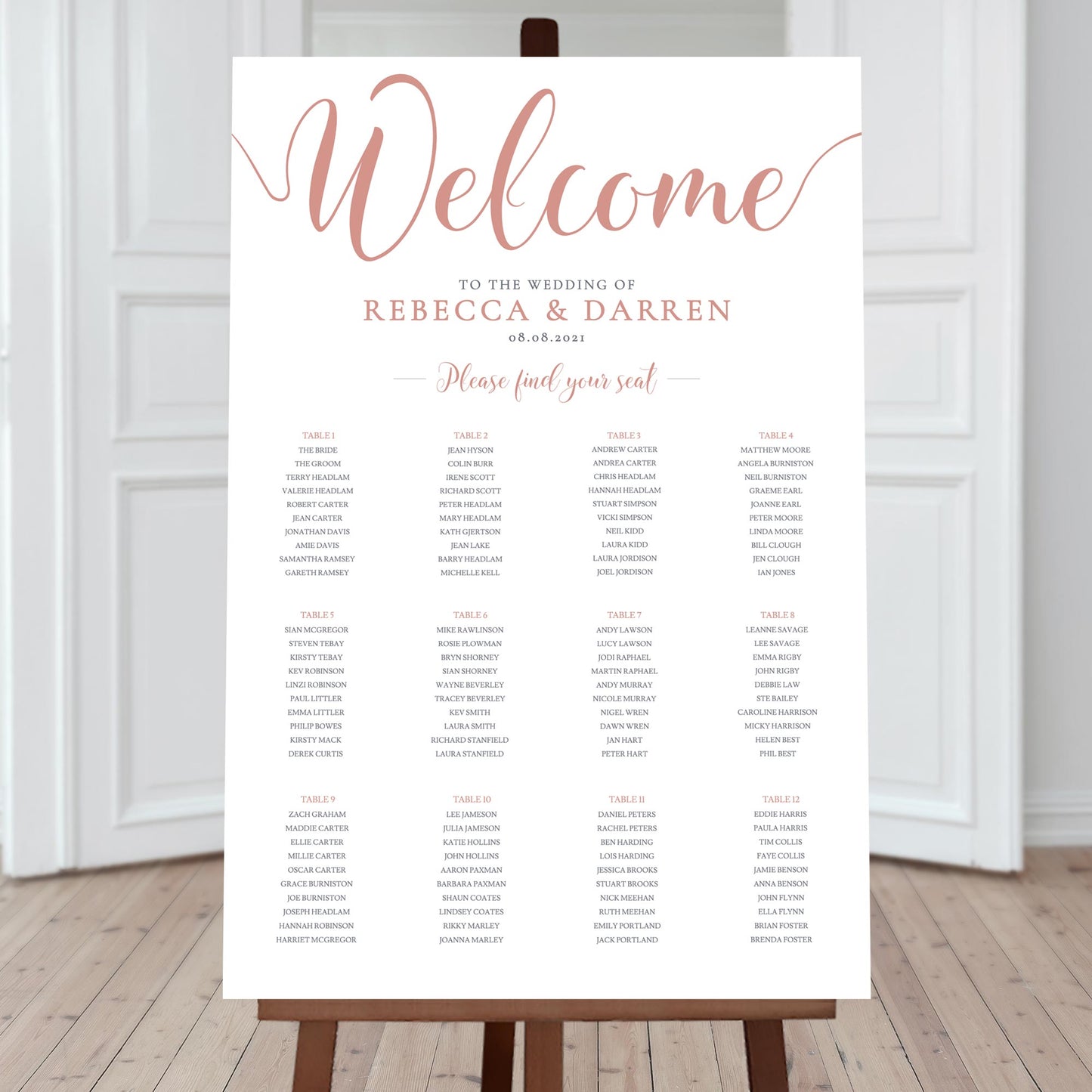 12 table rose gold wedding seating plan