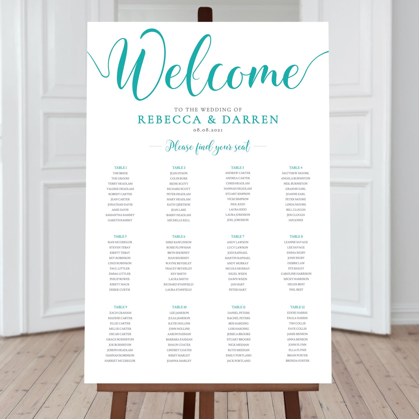 12 table wedding seating chart teal