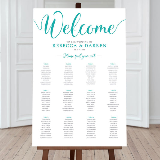 12 table wedding seating chart teal