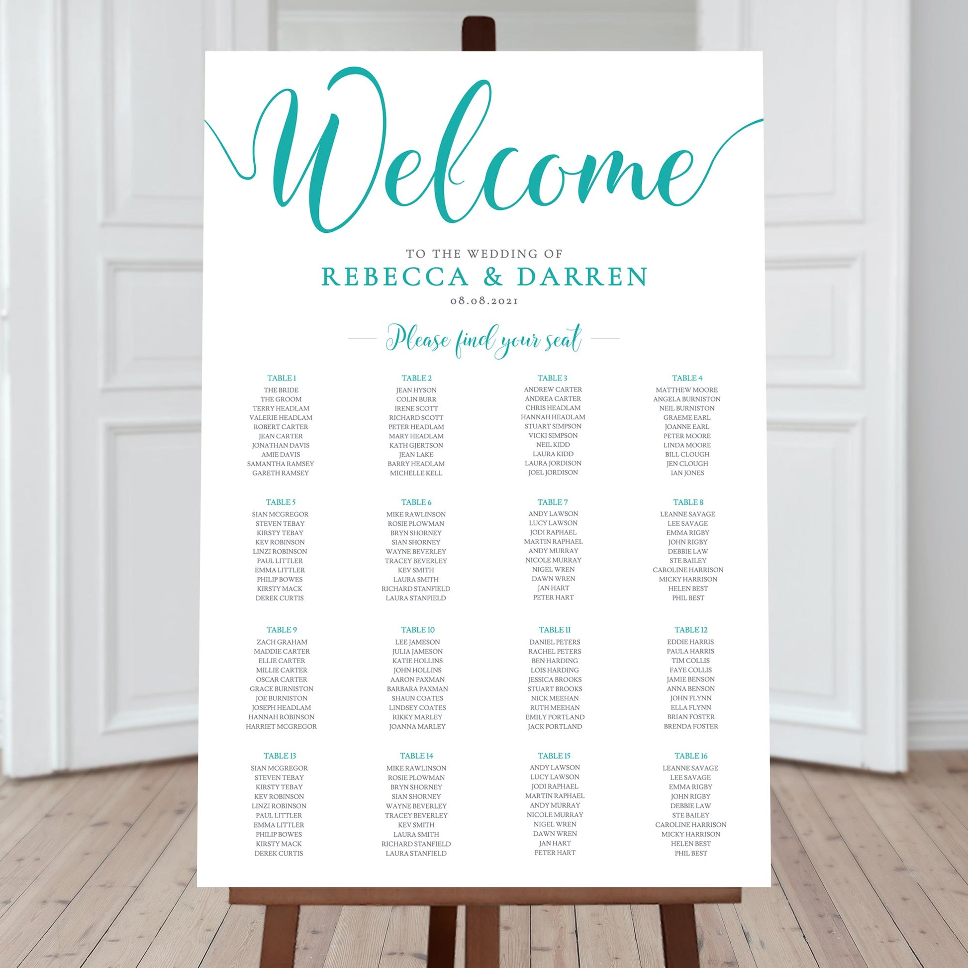 16 table seating chart in aqua