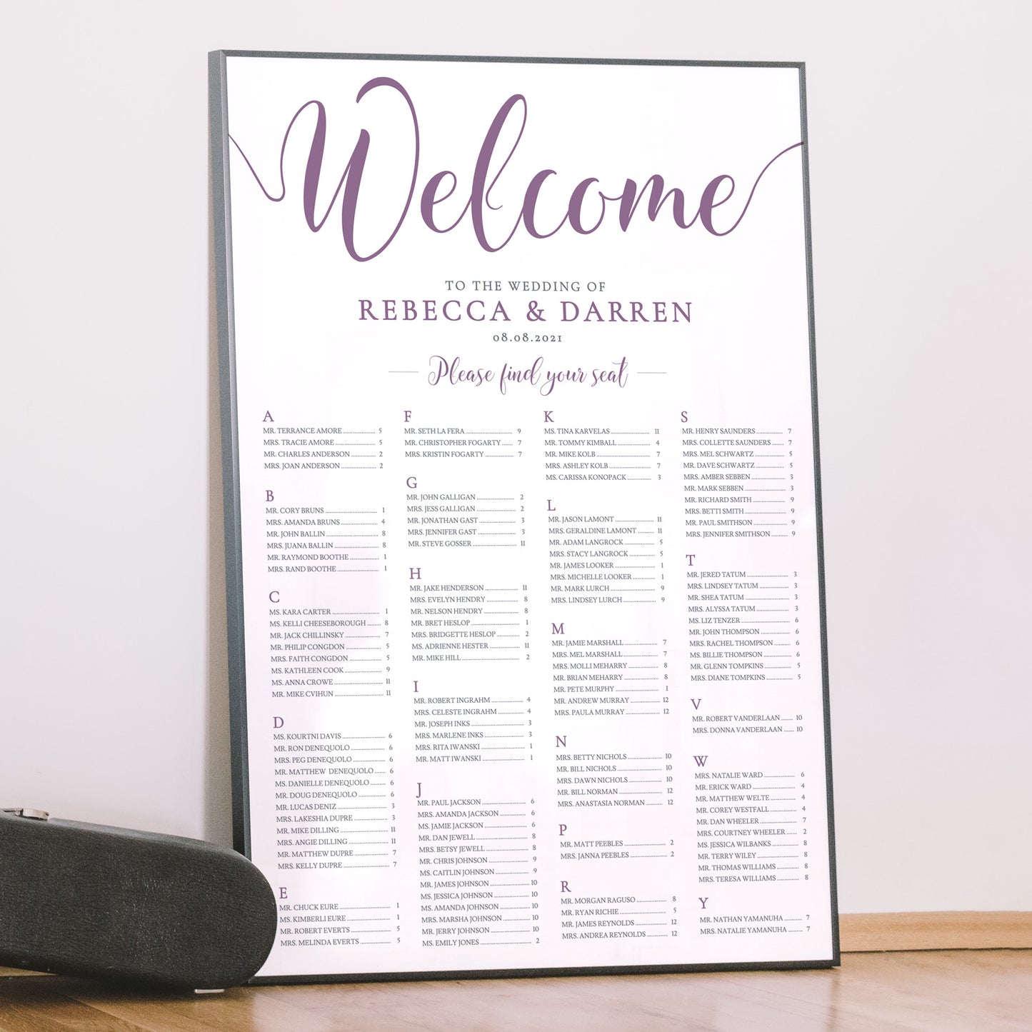 24x36 framed lavender seating chart