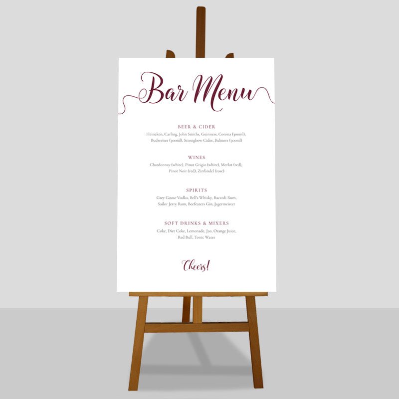 24x36 or A1 burgundy wedding drinks list bar menu on an easel
