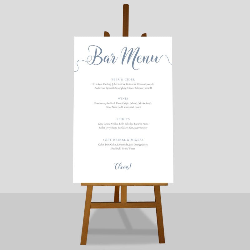24x36 or A1 dusty blue wedding drinks list bar menu on an easel