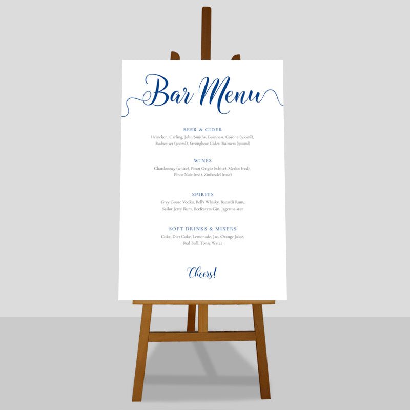 24x36 or A1 nautical wedding drinks list bar menu on an easel