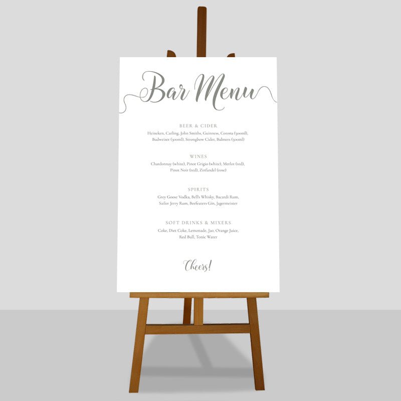 24x36 or A1 olive green wedding drinks list bar menu on an easel