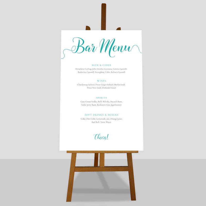 24x36 or A1 tea wedding drinks list bar menu on an easel