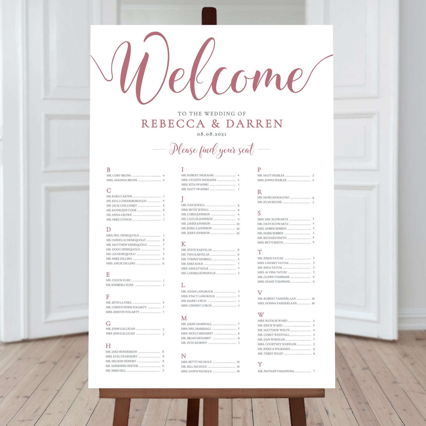 3-column pink seating chart