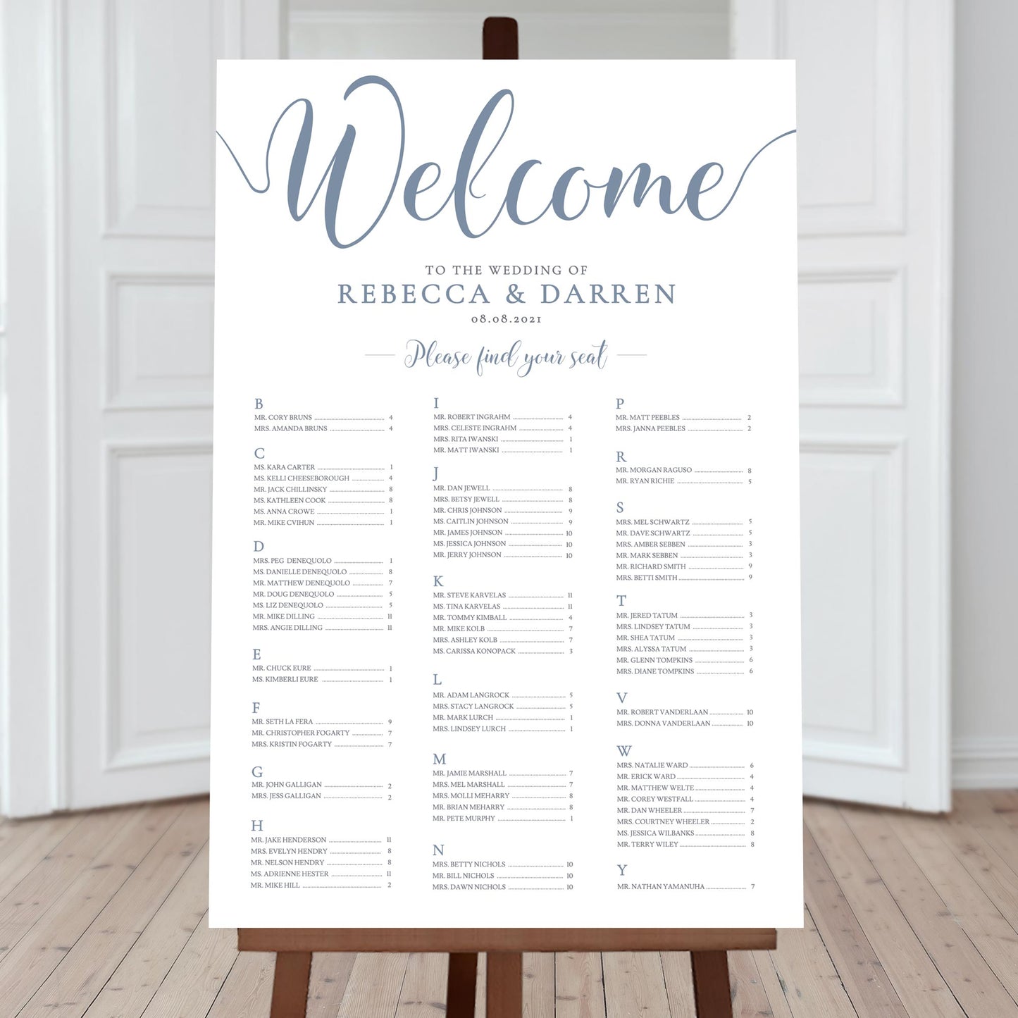 3-column seating plan at wedding reception