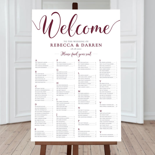 4-column alphabetical burgundy seating chart