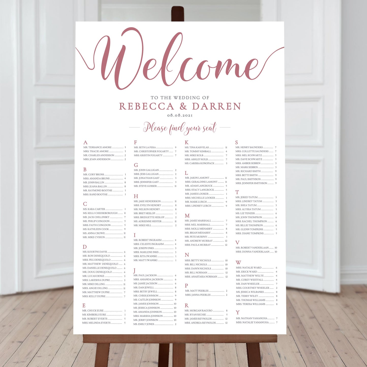 4-column alphabetical seating chart