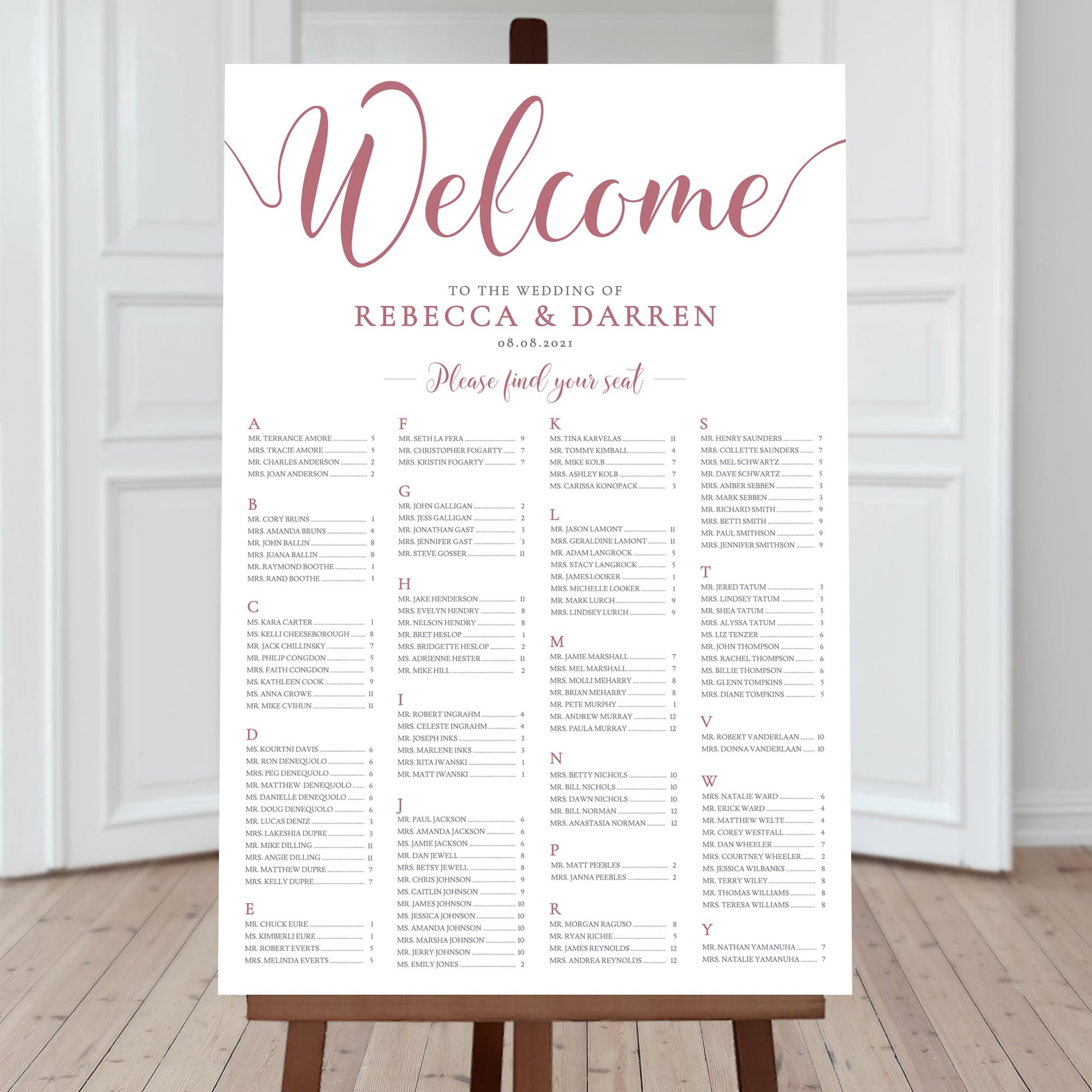 4-column alphabetical seating chart