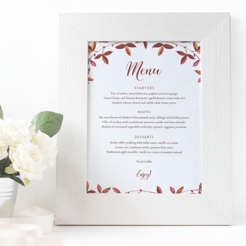 5x7 autumn leaves menu print in a white frame