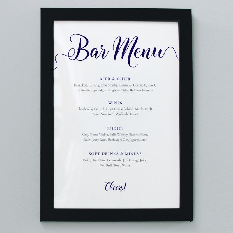 large navy bar menu framed print
