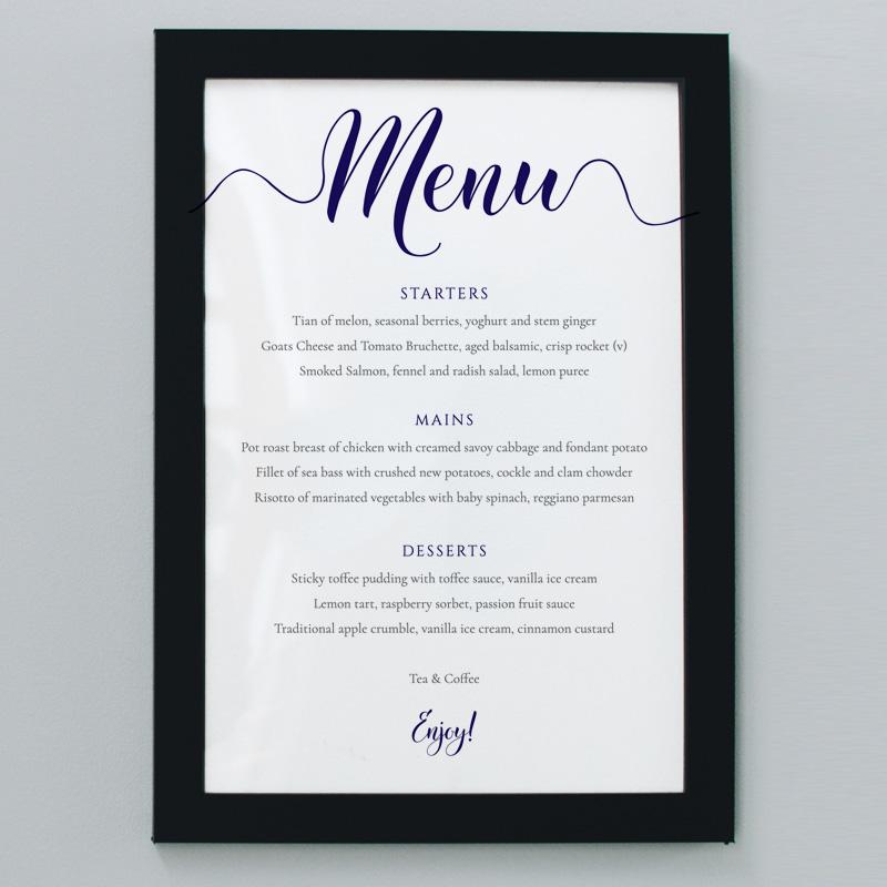 3-course editable wedding menu in navy