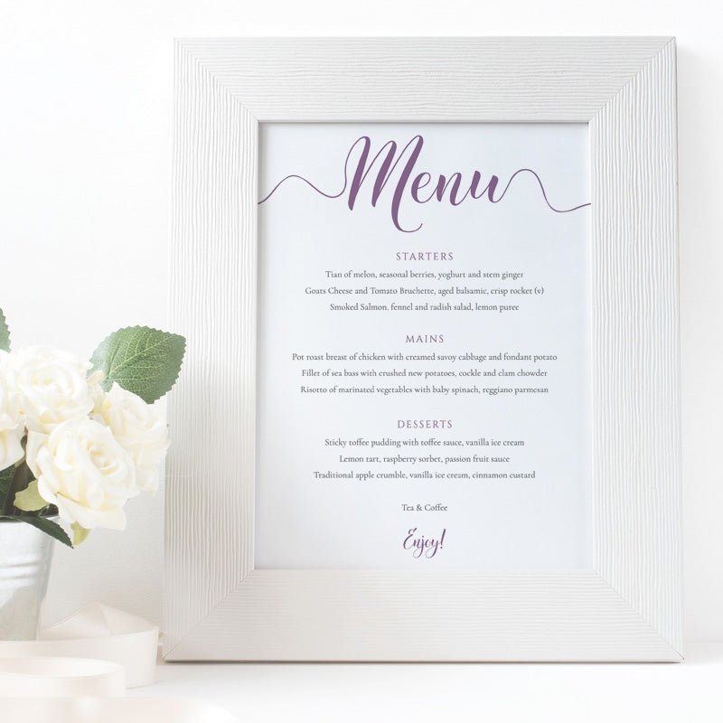 5x7 purple wedding menu card in a white frame
