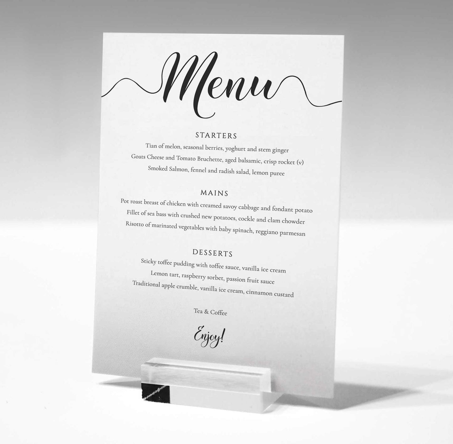 Editable 3 course Wedding Menu, printed on white card in a clear glass stand