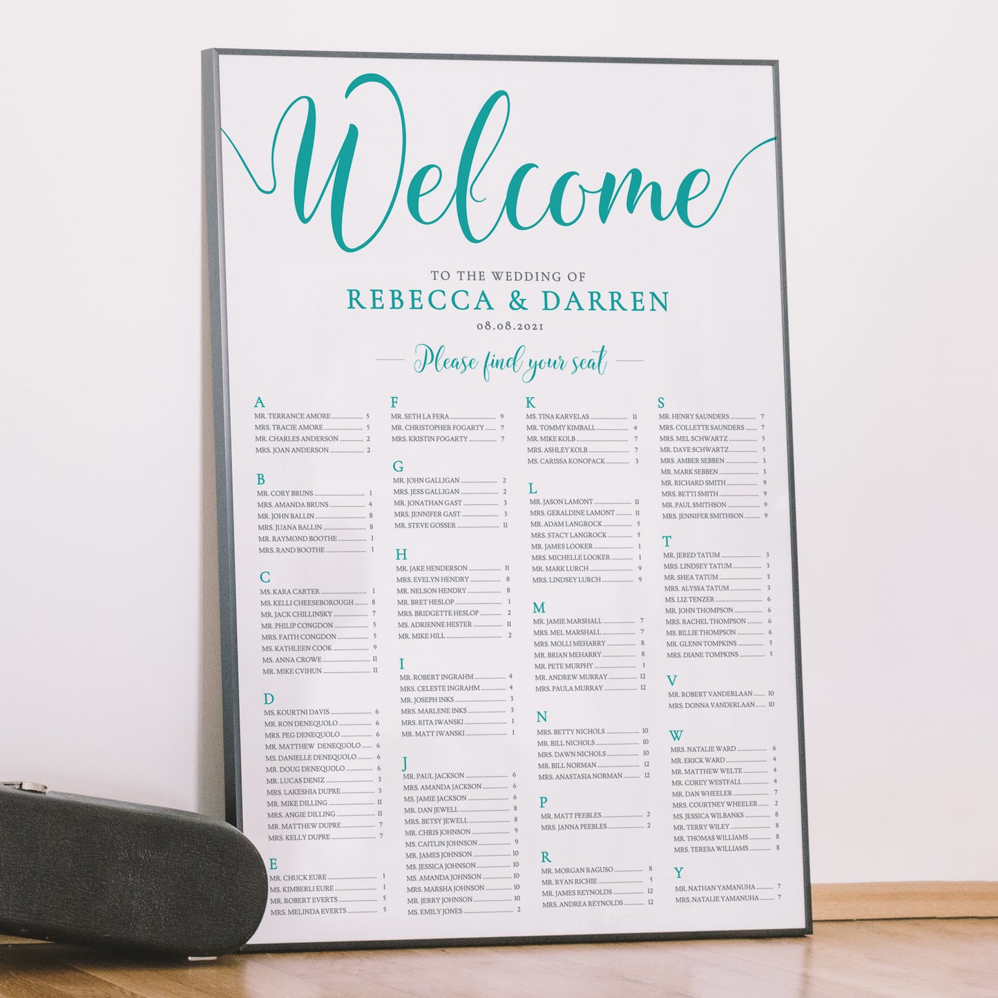A1 turquoise seating chart on the floor against a wall