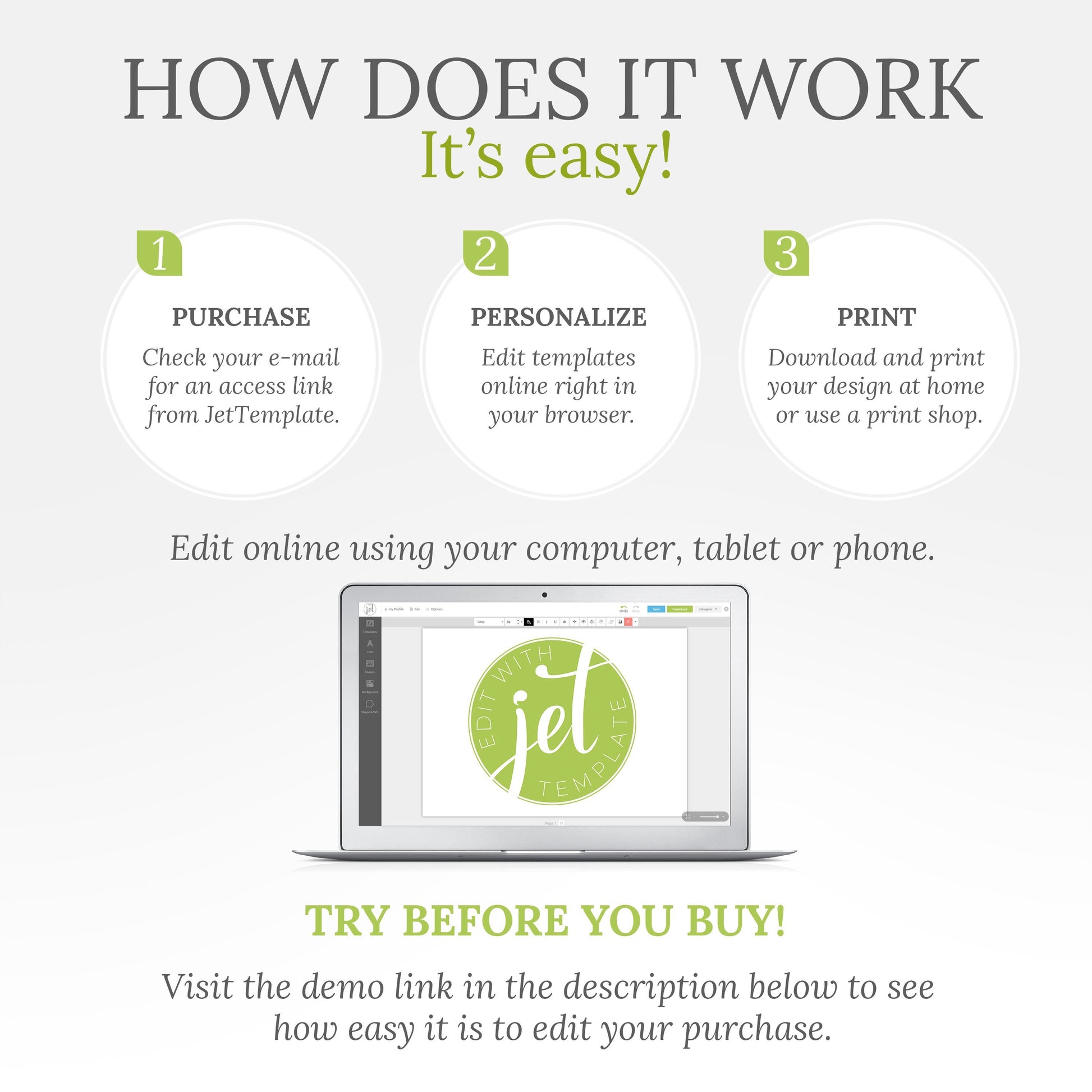 Instructions on how to edit, download and print wedding templates using the JetTemplate online editing tool