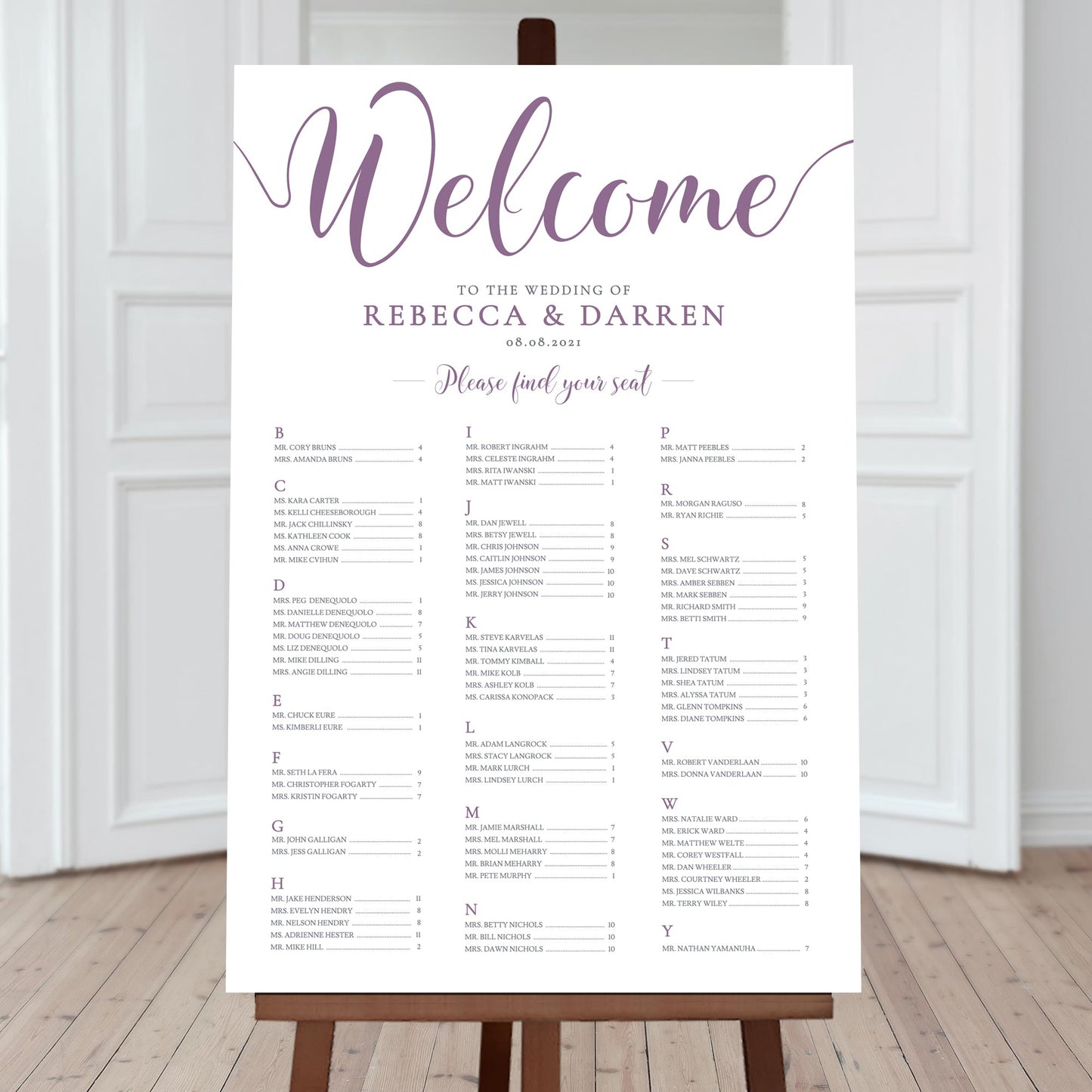 a-z purple seating plan with 3-columns