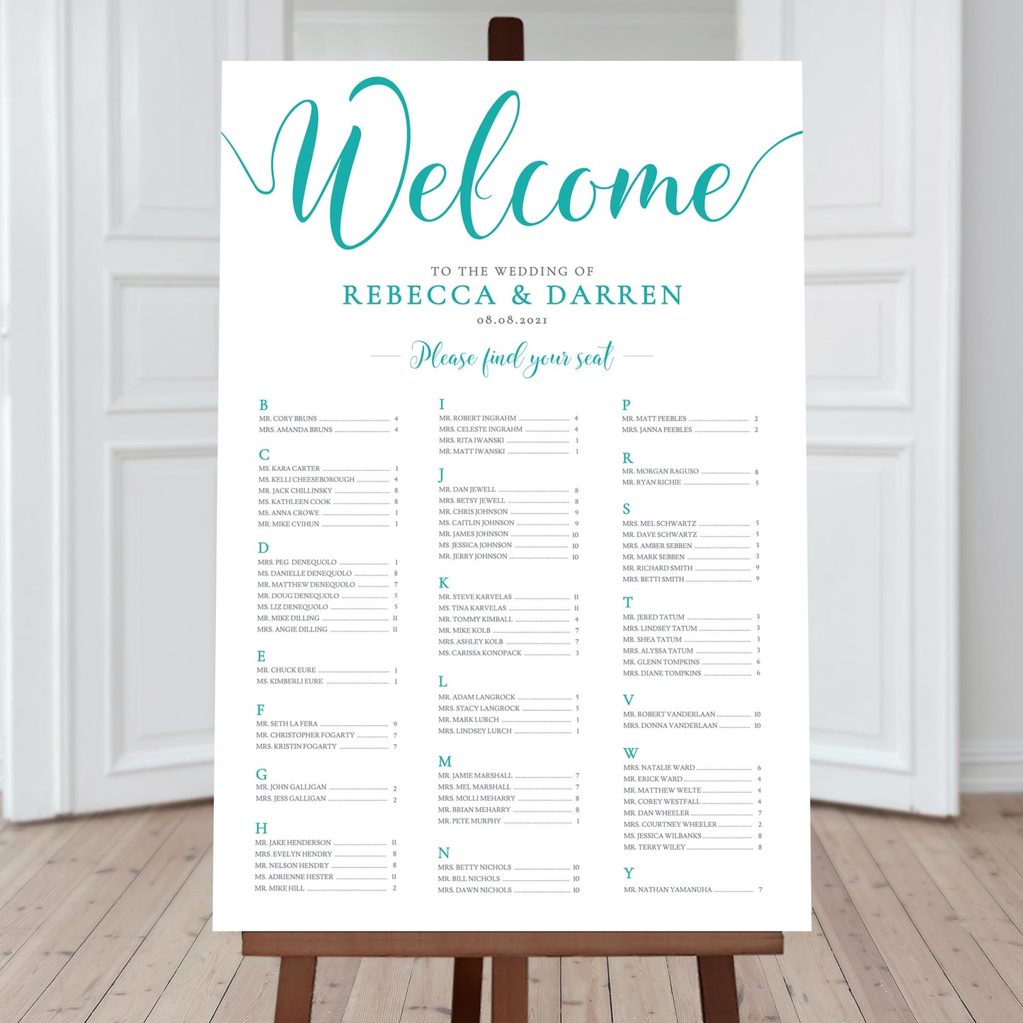 alphabetical teal seating plan for 85 people