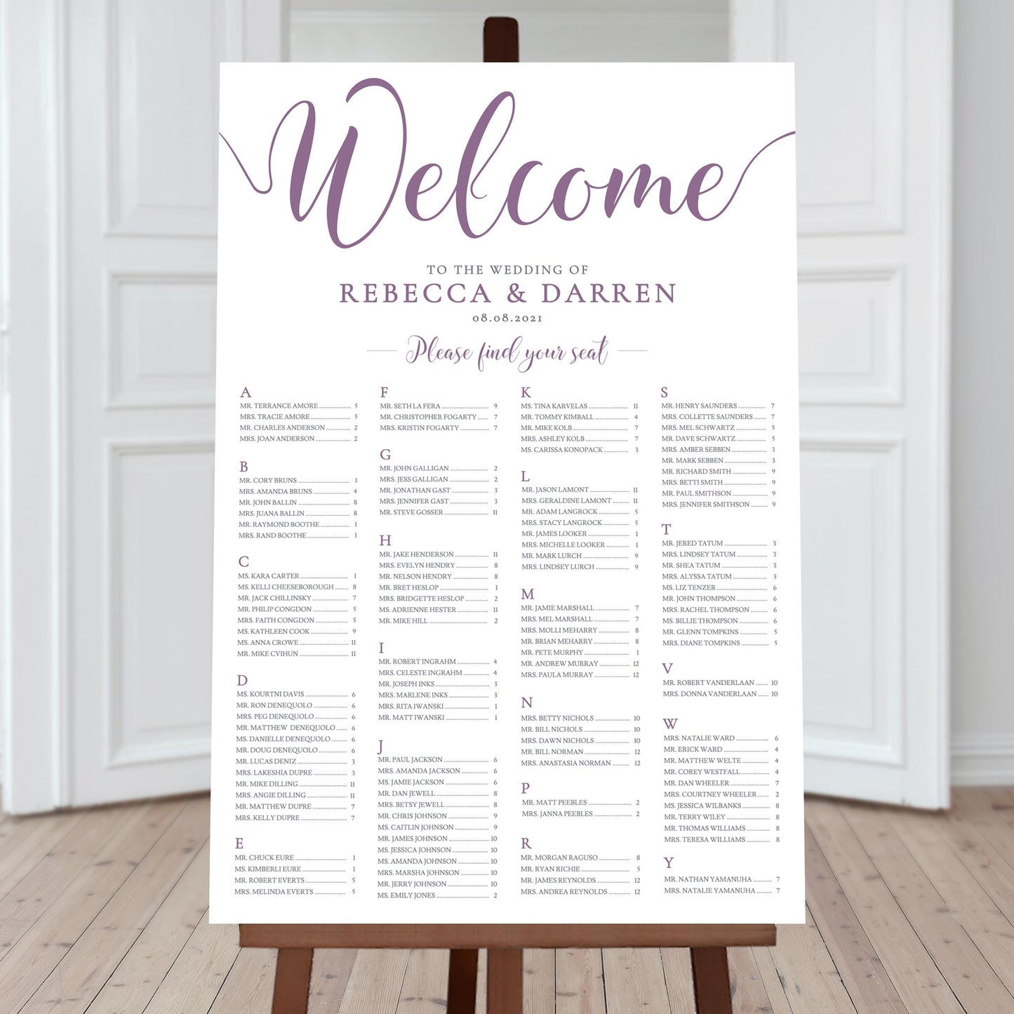 alphabetical seating chart with 4-columns