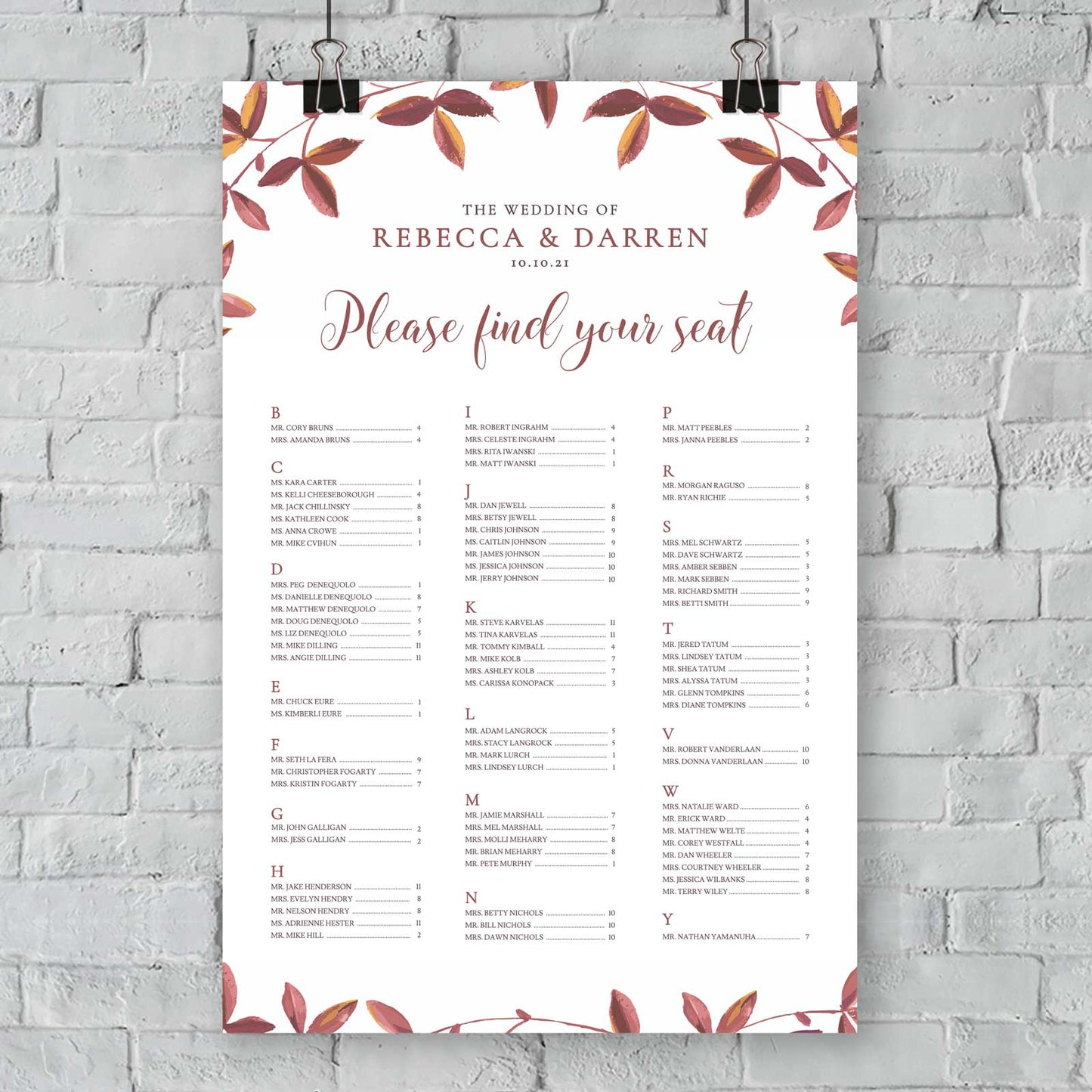 autumn fall alphabetical seating chart hanging wall