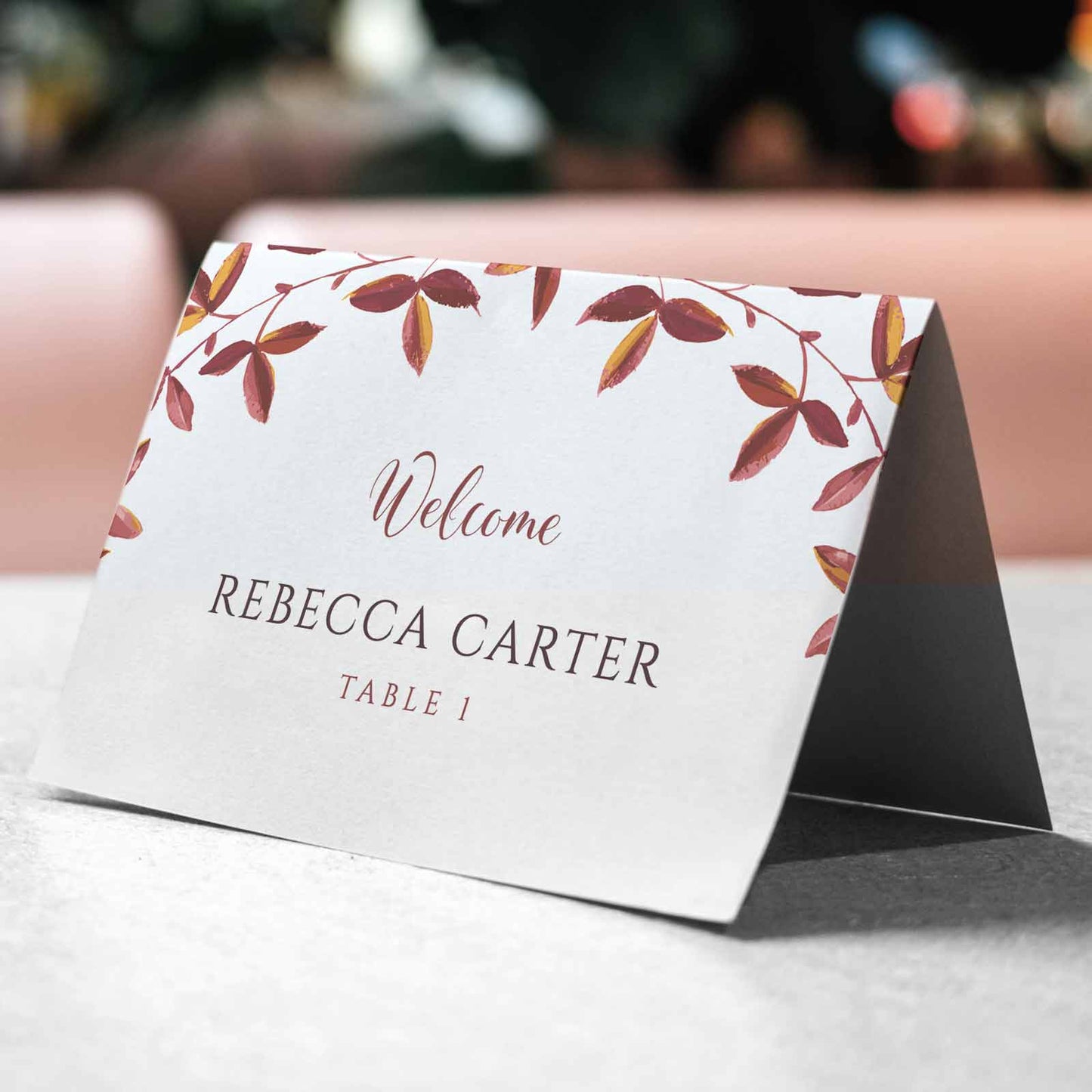 3.75"x2.5" autumn fall tent card on wedding table
