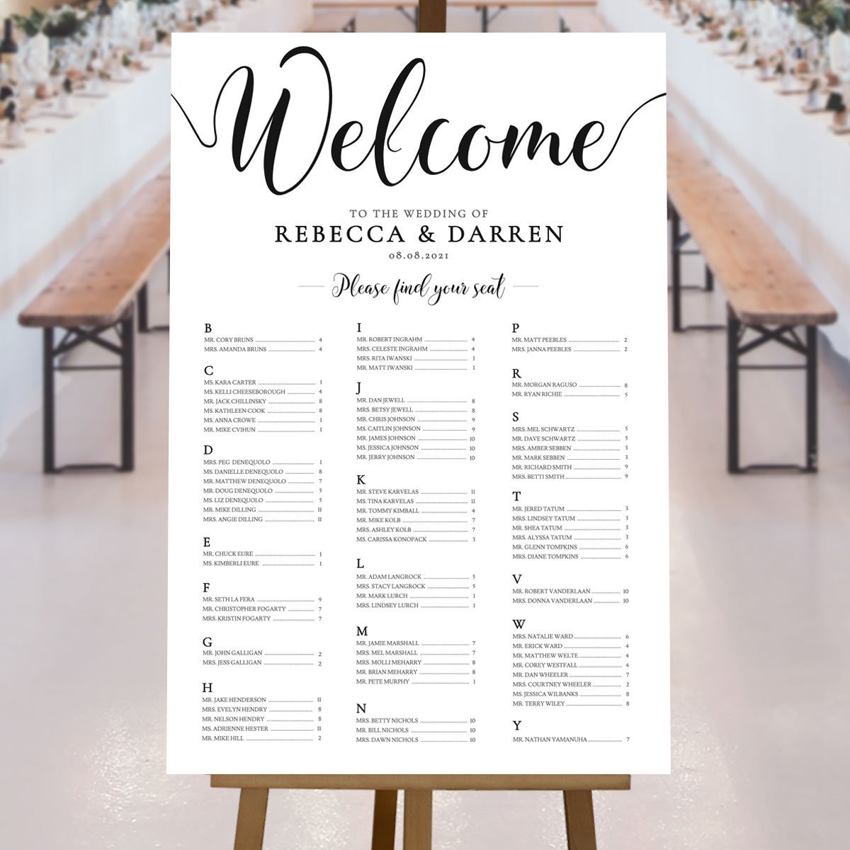 black a-z seating plan at a wedding reception