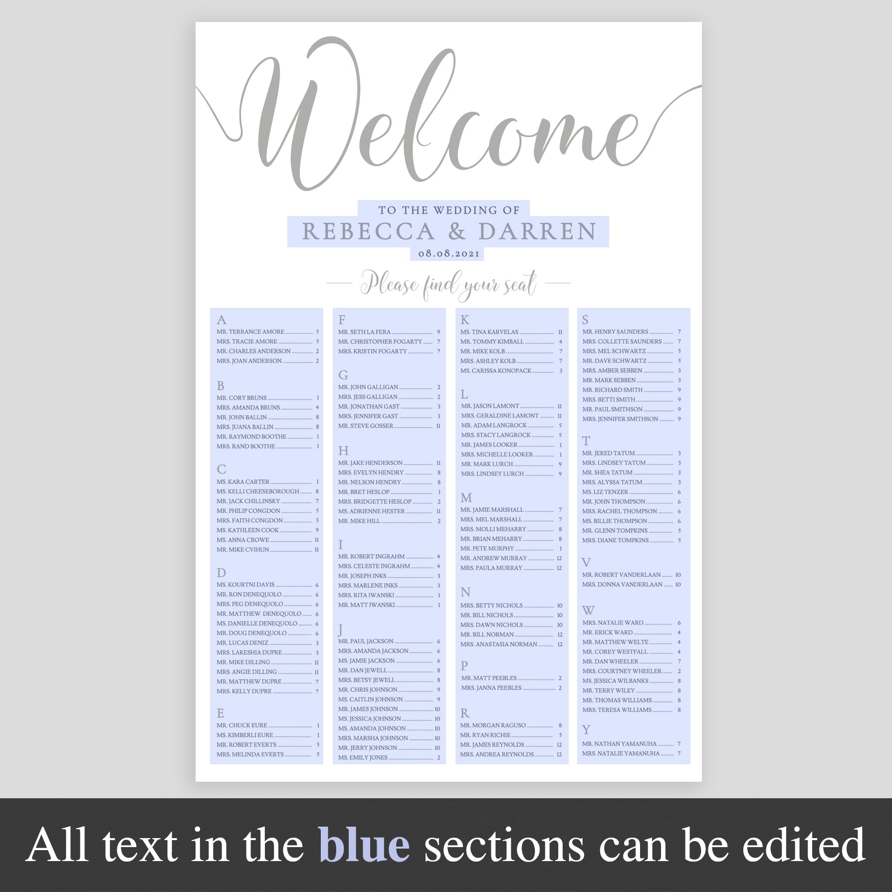 bling seating chart template showing editable areas