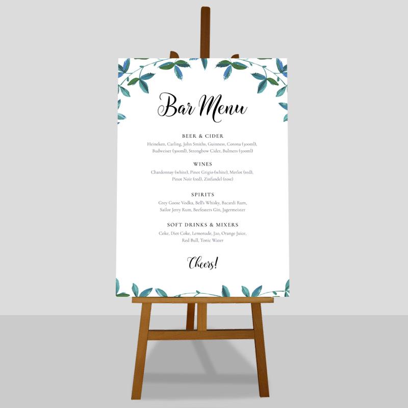 Boho wedding drinks list editable PDF instant download with eucalyptus leaves