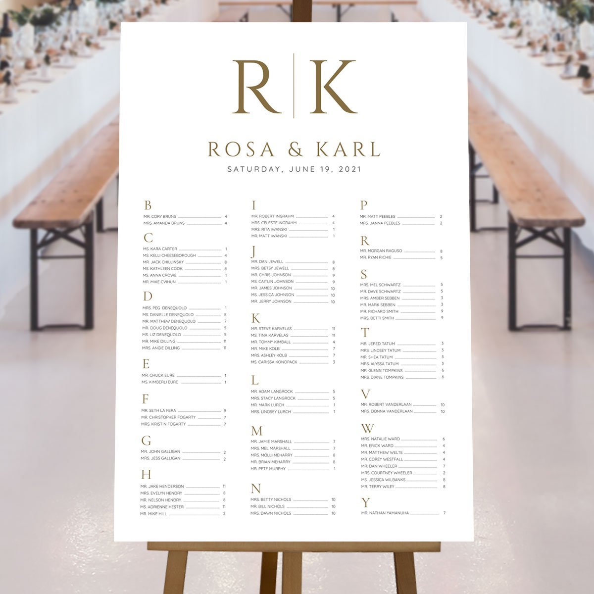 bride and groom initials a-z seating plan at wedding reception