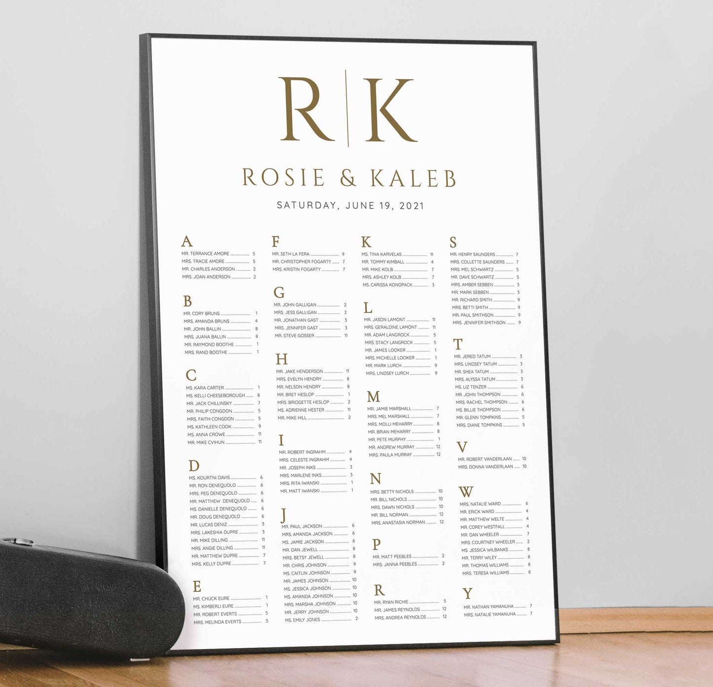 bride and groom initials alphabetical seating chart framed