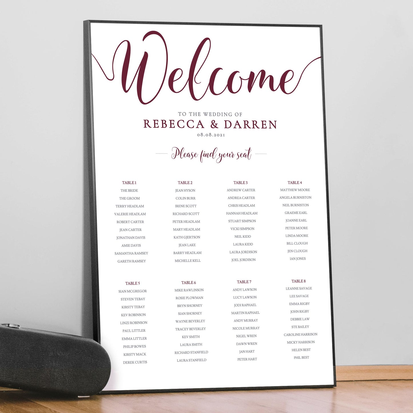burgundy seating chart print in large frame