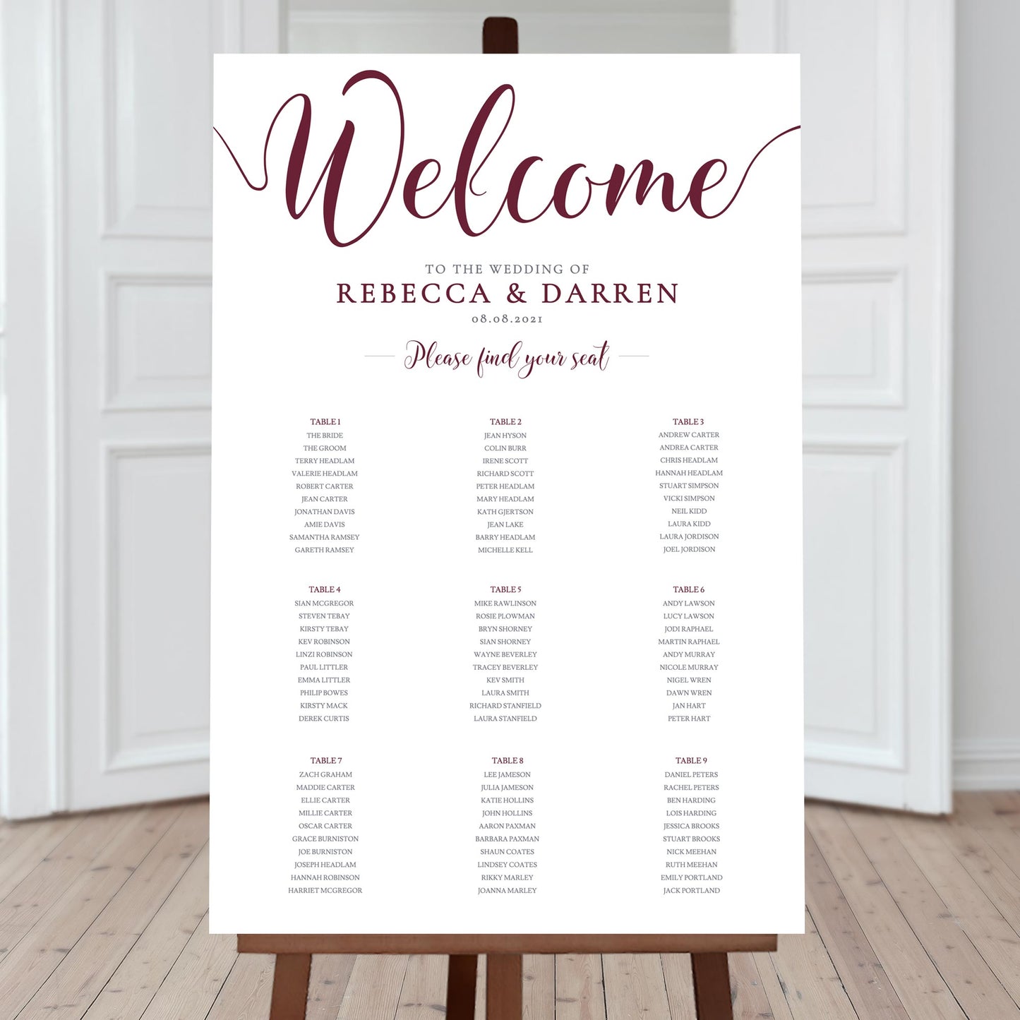 burgundy wedding table chart with 9 tables