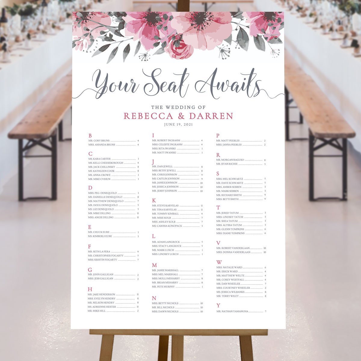 Boho A-Z seating plan print at rustic wedding reception