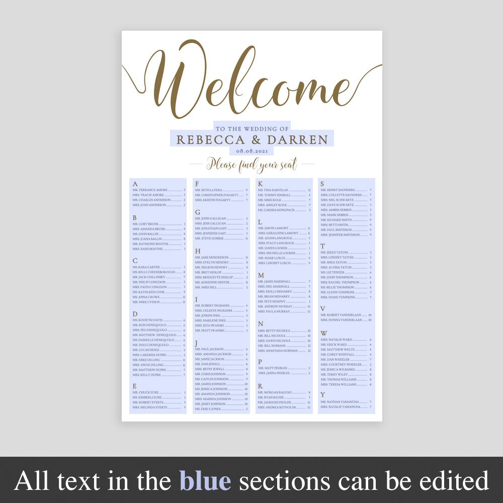 Editable text on Gold A-Z Seating Chart Template