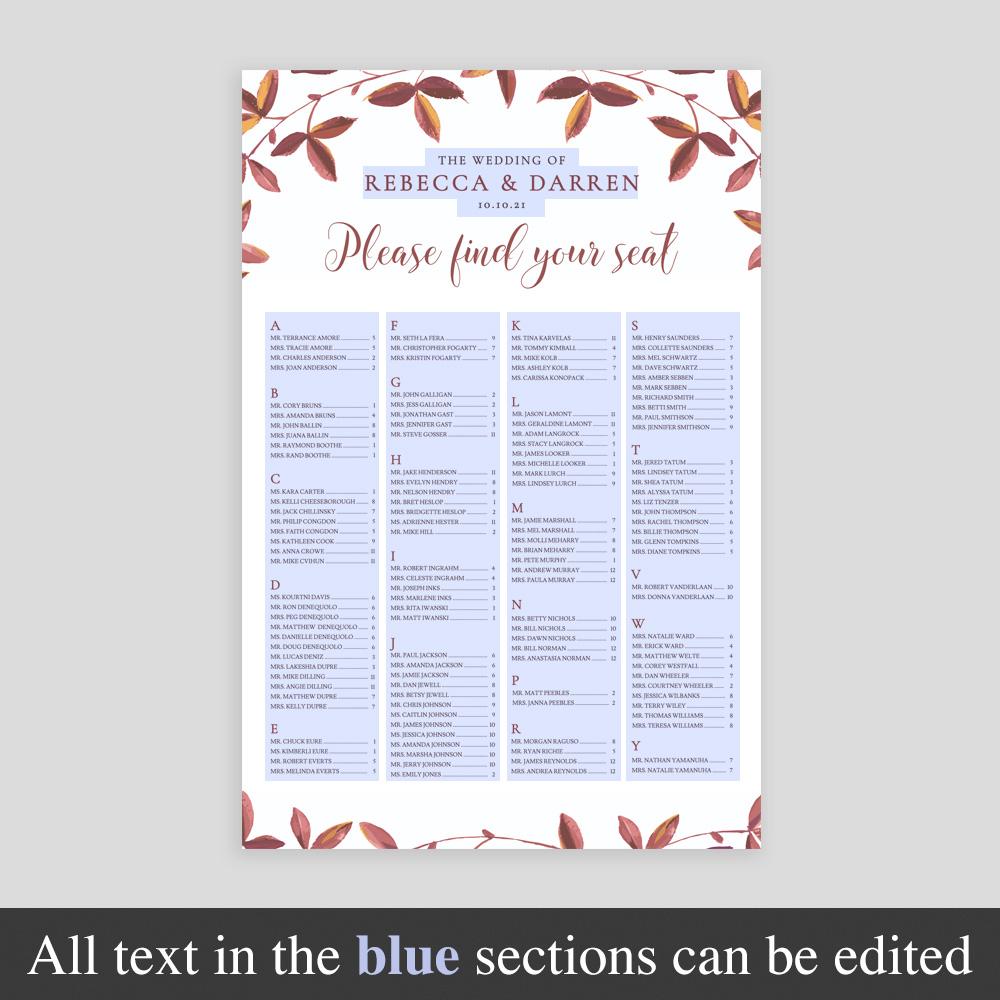 editable alphabetical table plan template autumn