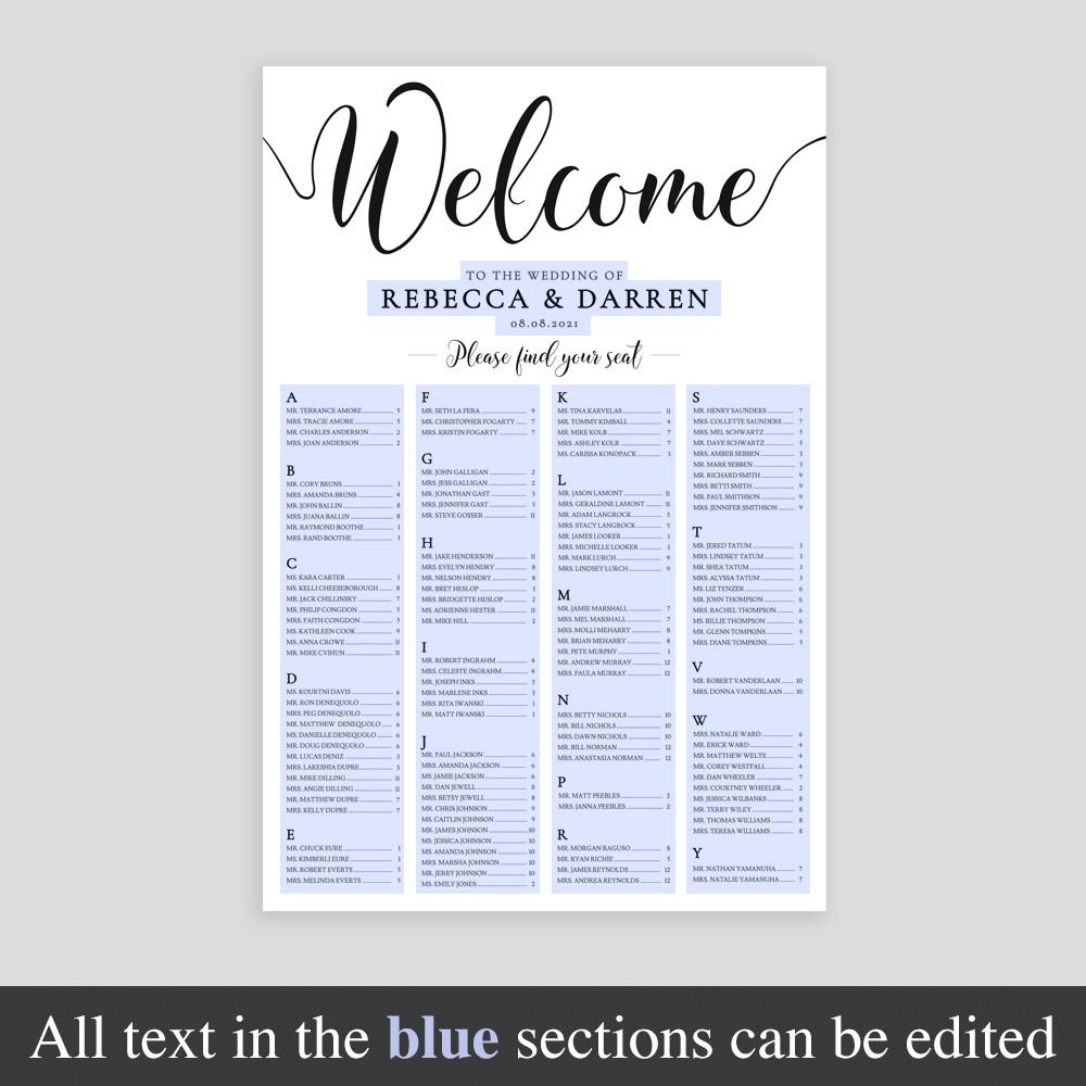 showing editable sections of an alphabetical seating chart template in black and white